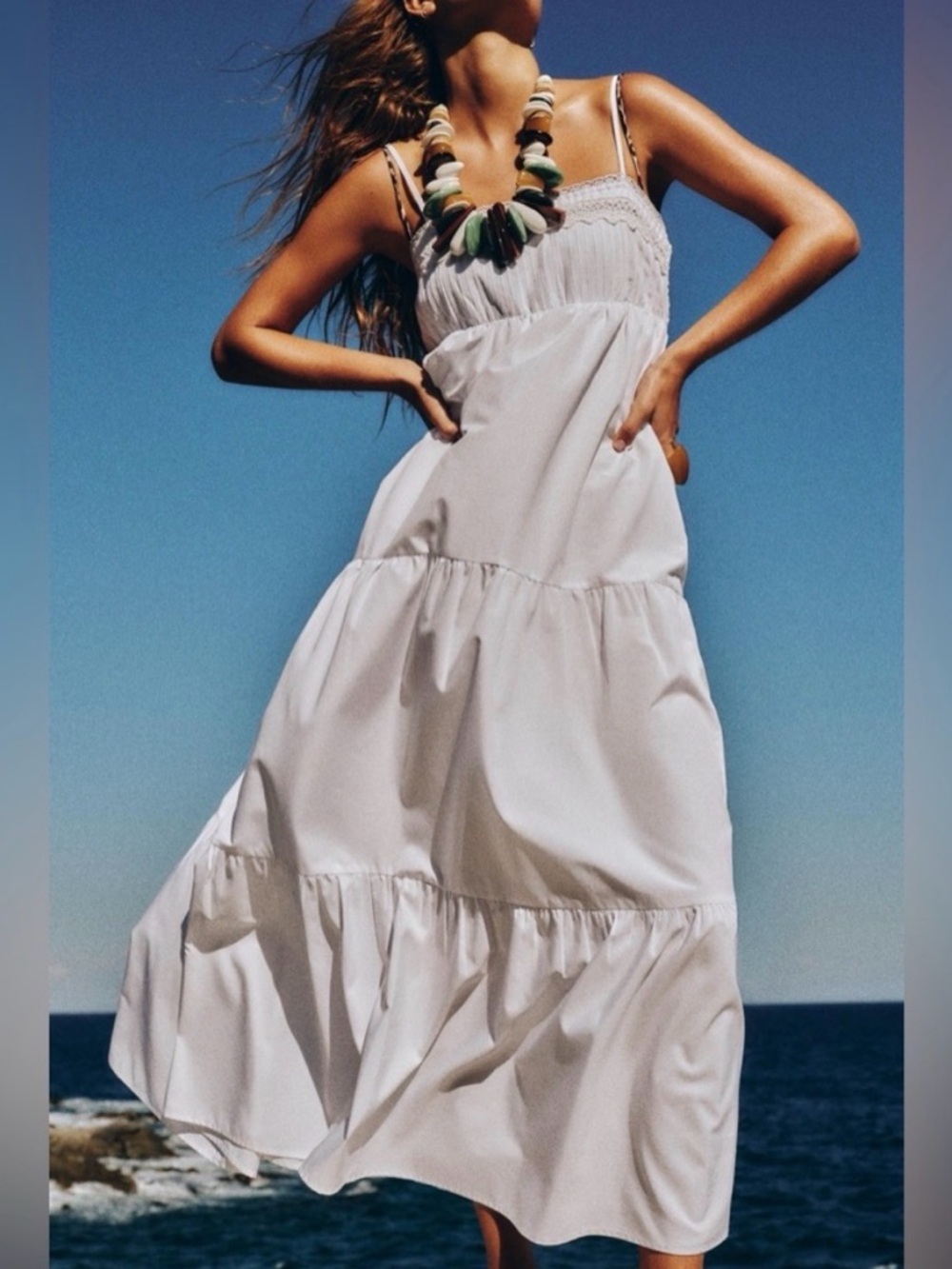 Zara Tierd White Poplin Midi Dress
